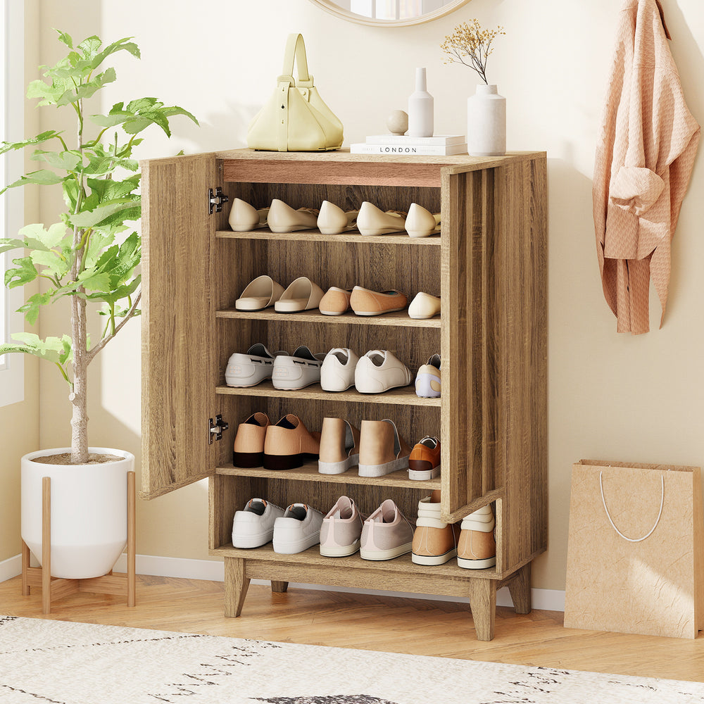 6-tier oak shoe storage organizer with fluted doors, featuring removable shelves for various shoe types, ideal for.