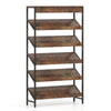6-tier tall freestanding bookshelf in rustic brown with angled shelves, ideal for home office storage and display.