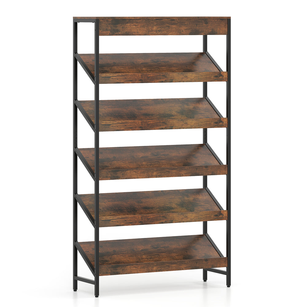 6-tier tall freestanding bookshelf in rustic brown with angled shelves, ideal for home office storage and display.