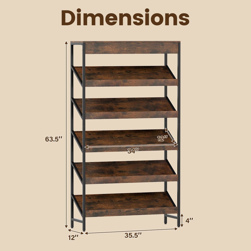 6-tier tall freestanding bookshelf with angled shelves in rustic brown, featuring dimensions for home office use.