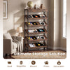 6-tier tall freestanding bookshelf in rustic brown with angled shelves for books and magazines, ideal for home office.