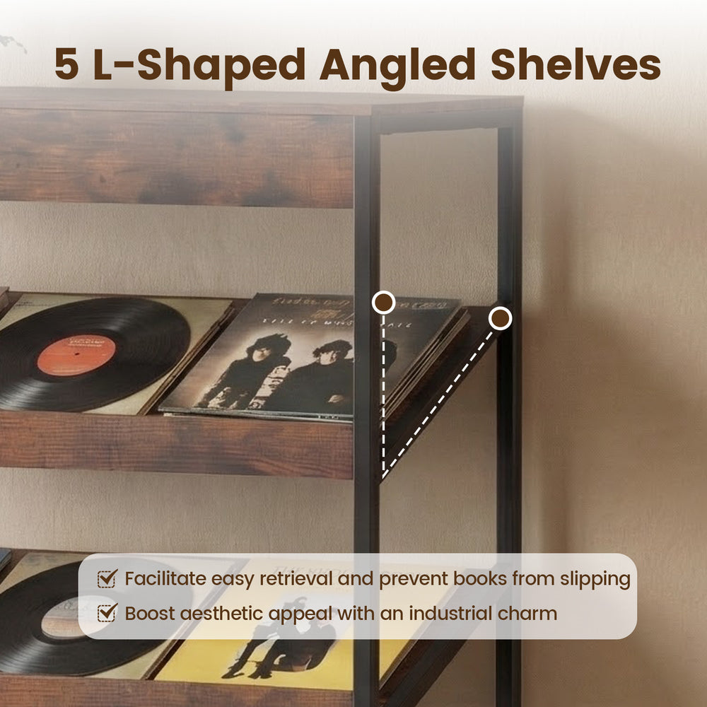 6-tier freestanding bookshelf with 5 L-shaped angled shelves in rustic brown, perfect for organizing books and albums.