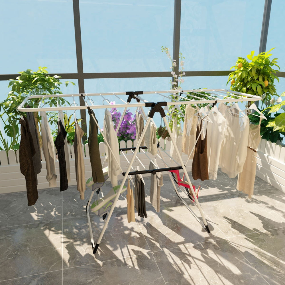 Portable laundry drying rack with adjustable wings, made of rust-proof steel, ideal for efficient clothes organization.