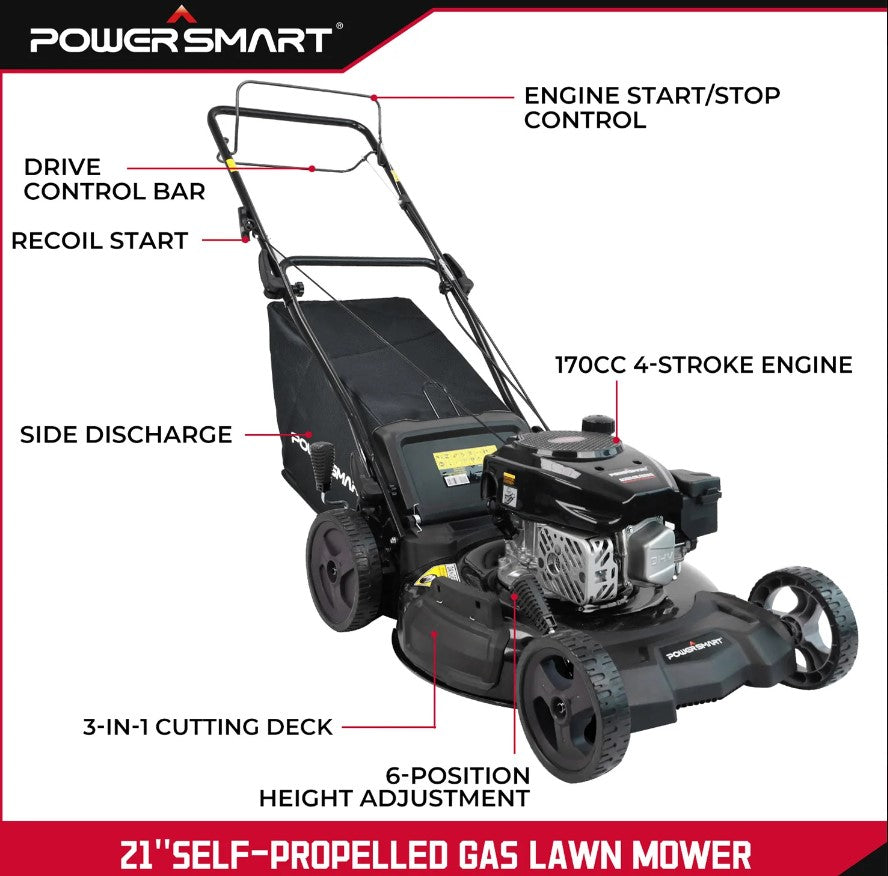 Powersmart DB8621SR 3-in-1 Foldable Self-Propelled Lawnmower 21'' 170cc Gas Black New