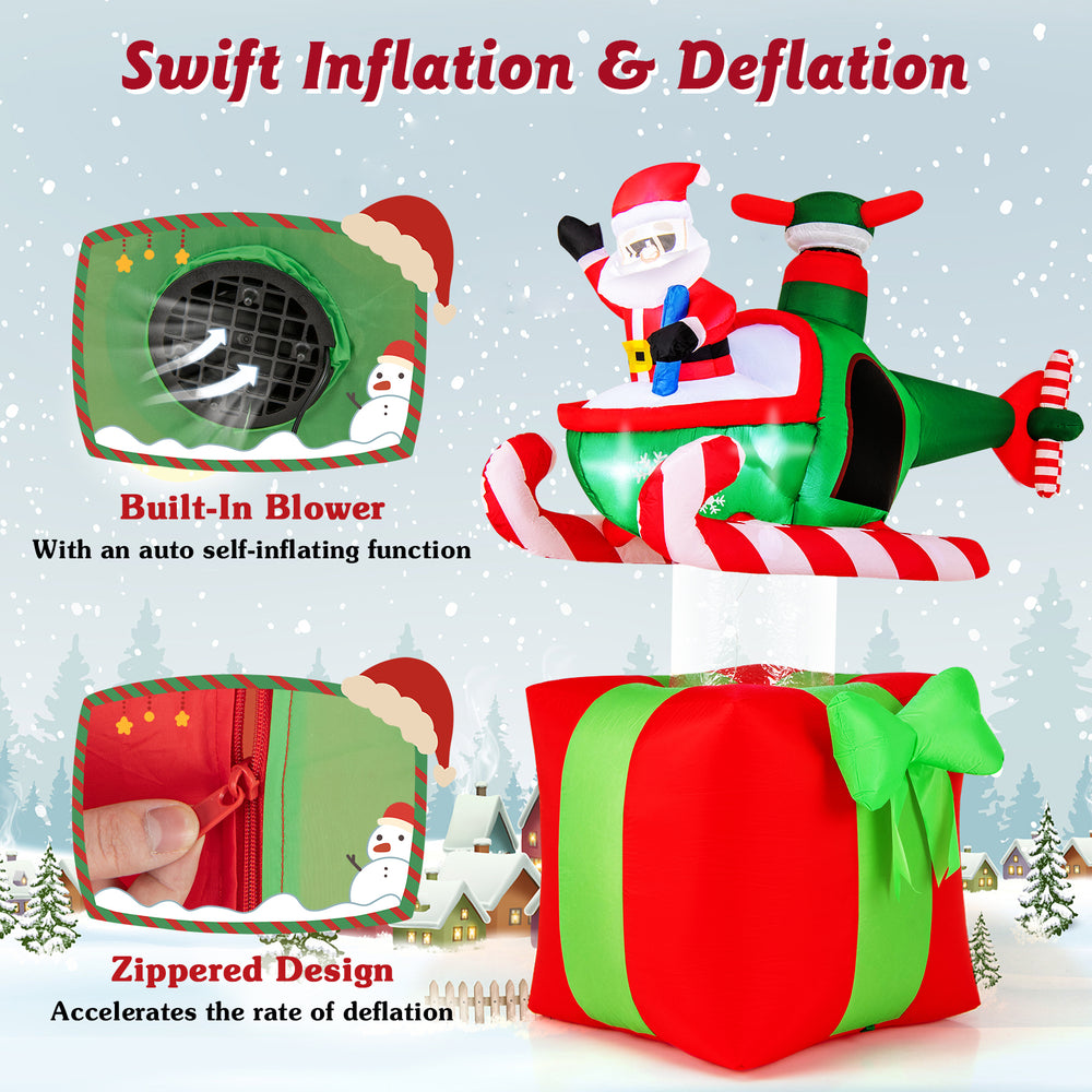 Santa Claus in a flying airplane inflatable with LED lights, built-in blower, and zippered design for easy deflation.