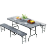 Gray 6 feet folding HDPE bench with wood-like texture, accommodating up to 4 people, ideal for outdoor use.