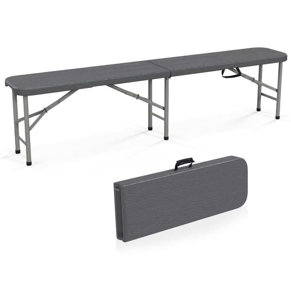 Gray 6 feet folding HDPE bench with wood-like texture, 1320 lbs capacity, and compact design for easy storage and.