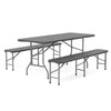 6 feet folding HDPE bench in gray with wood-like texture, accommodates 4, ideal for picnics and camping.