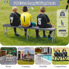 6 ft folding HDPE bench in gray with wood-like texture, supports 1320 lbs, ideal for picnics and camping.