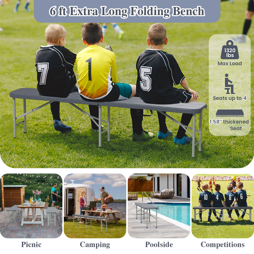 6 ft folding HDPE bench in gray with wood-like texture, supports 1320 lbs, ideal for picnics and camping.