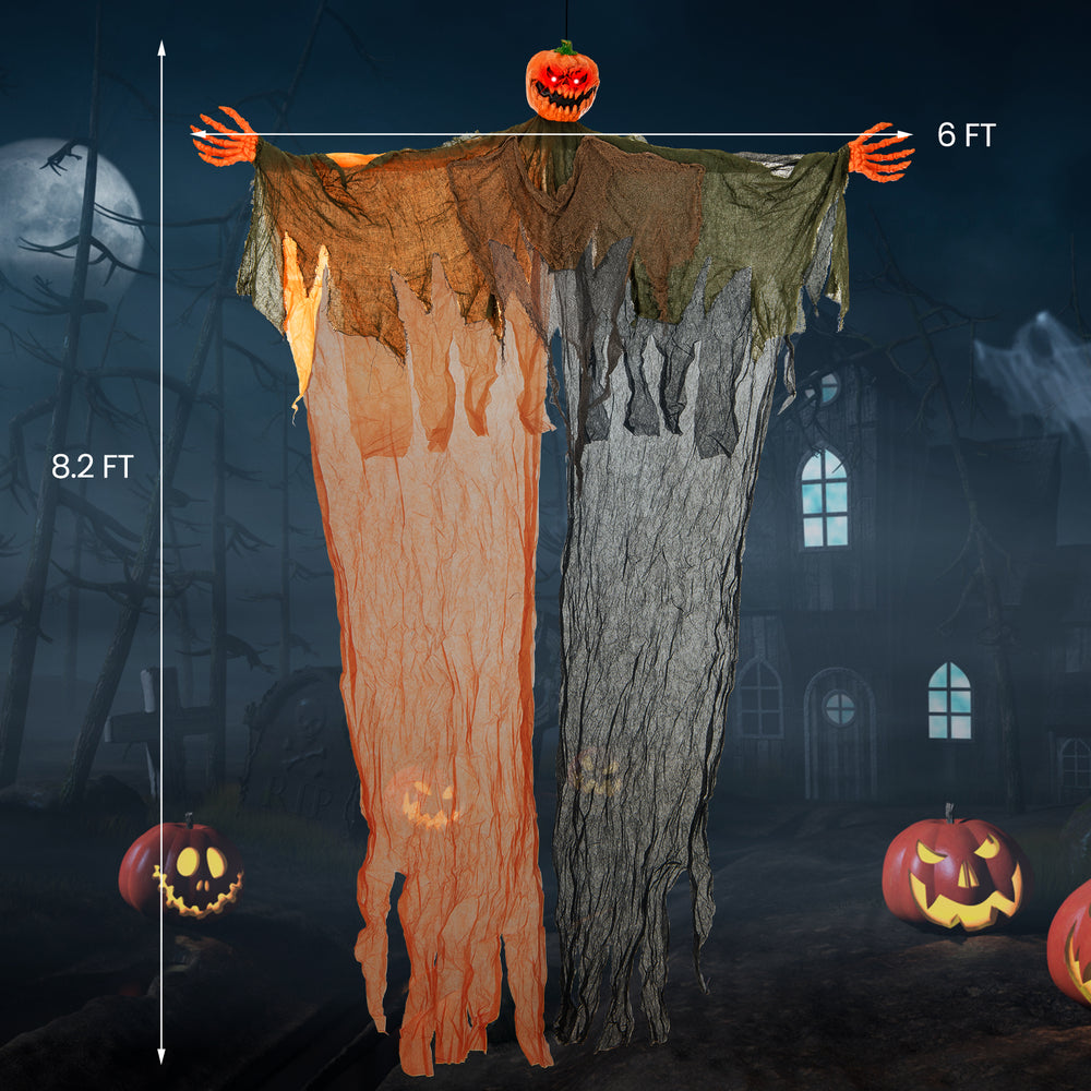6-foot hanging pumpkin ghost with red glowing eyes, bendable arms, and flowing robe for spooky Halloween decor.