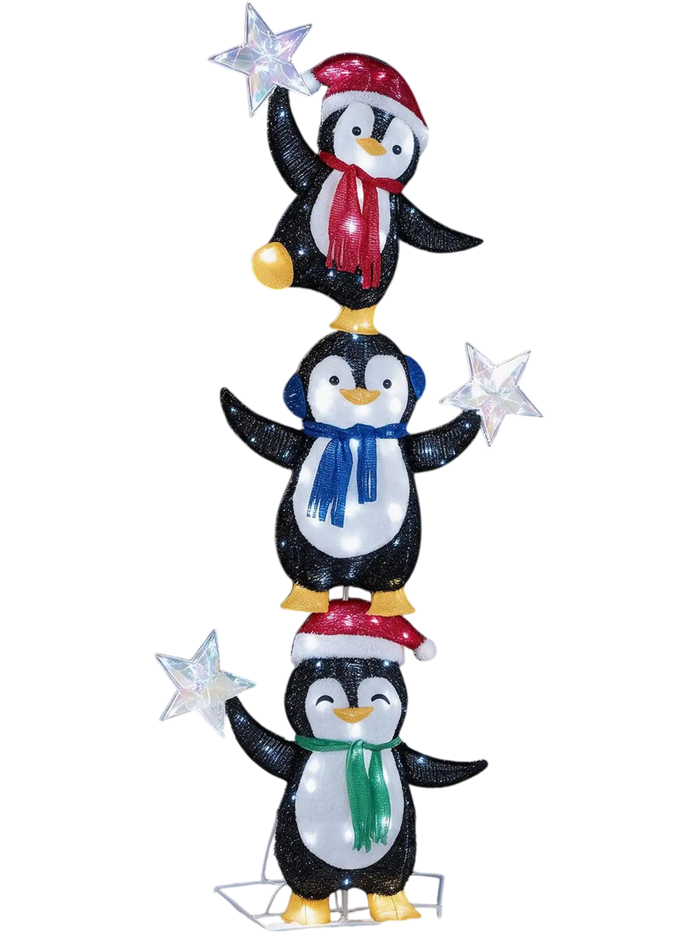 Three stacked penguins in Christmas hats and scarves, illuminated with cold white LED lights for festive yard decor.
