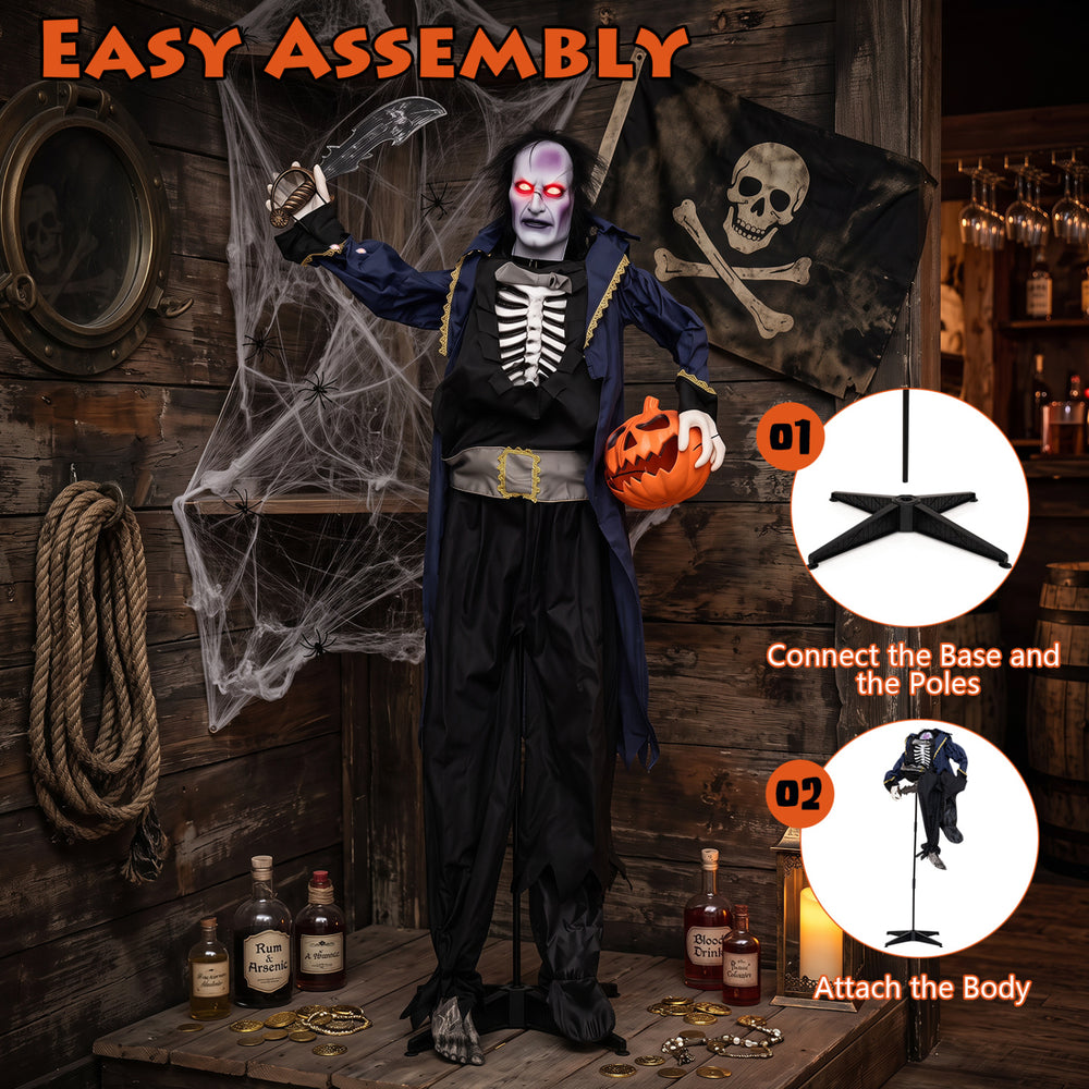 Animated 6 ft Halloween vampire pirate decoration features a bone-chilling design, flashing red eyes, and a pumpkin trophy.