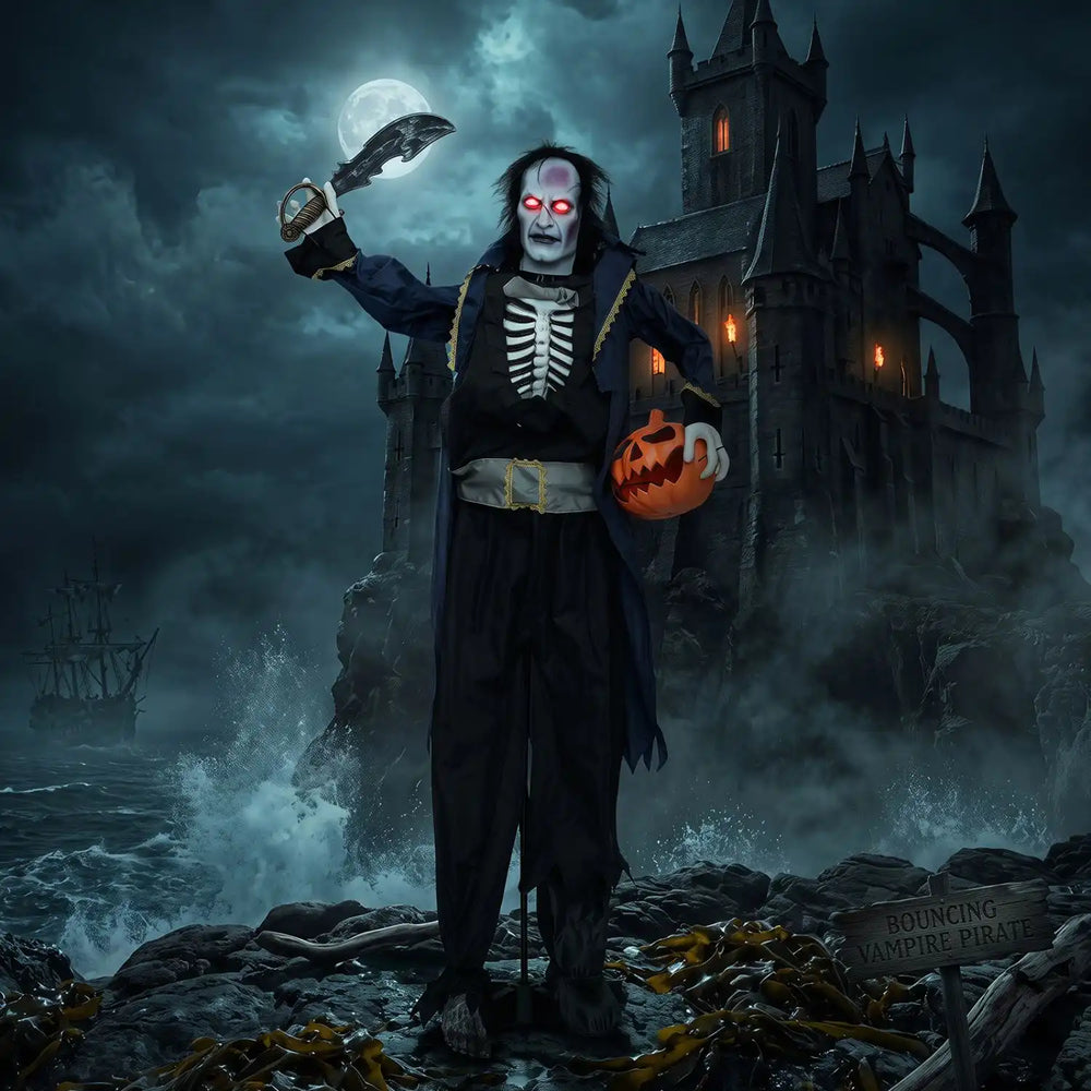 6 ft animated Halloween vampire pirate decoration showcases a terrifying ghostly figure holding a pumpkin and wielding a sword.