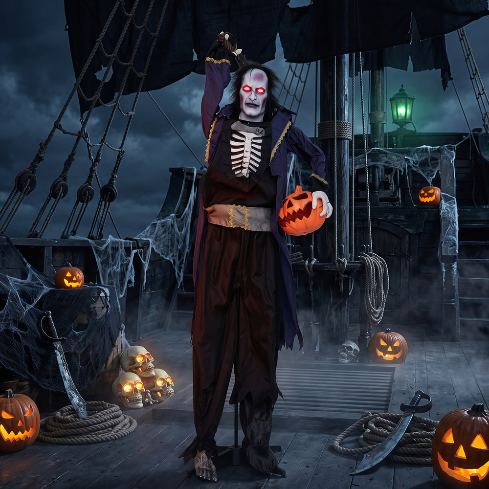 6 ft animated Halloween vampire pirate decoration showcases a spooky pose with a pumpkin head, sword, and glowing red eyes.