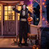 Animated 6 ft Halloween vampire pirate decoration with flashing red eyes, pop-up head, and pumpkin trophy for spooky displays.