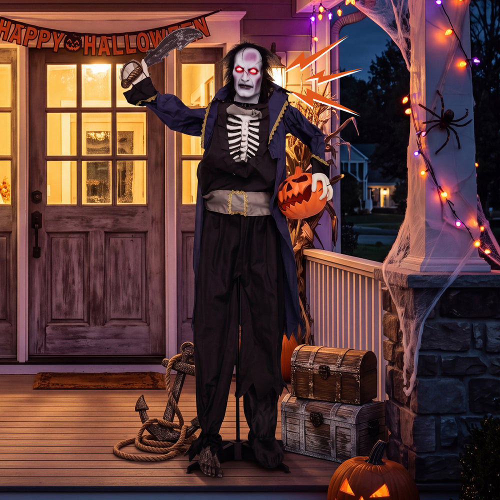 Animated 6 ft Halloween vampire pirate decoration with flashing red eyes, pop-up head, and pumpkin trophy for spooky displays.