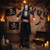 Animated 6 ft Halloween vampire pirate decoration with pop-up head, flashing red eyes, and pumpkin trophy for spooky displays.