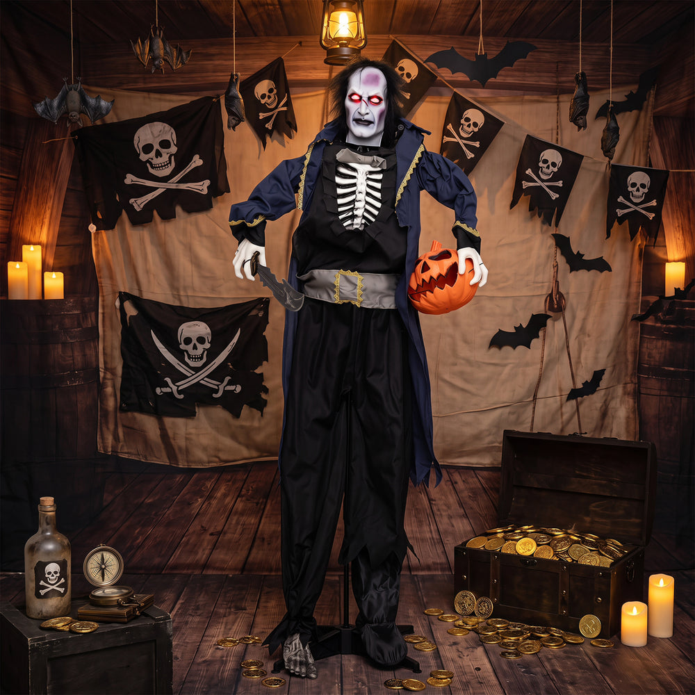 Animated 6 ft Halloween vampire pirate decoration with pop-up head, flashing red eyes, and pumpkin trophy for spooky displays.