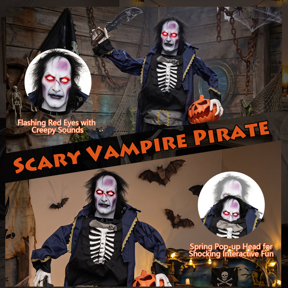 Animated 6 ft Halloween vampire pirate decoration features flashing red eyes, creepy sounds, and a spring pop-up head for fun.