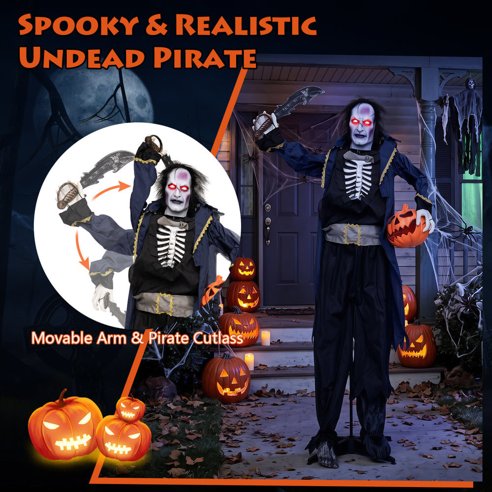 Animated 6 ft Halloween vampire pirate decoration features poseable arms, flashing red eyes, and a pop-up head for spooky fun.