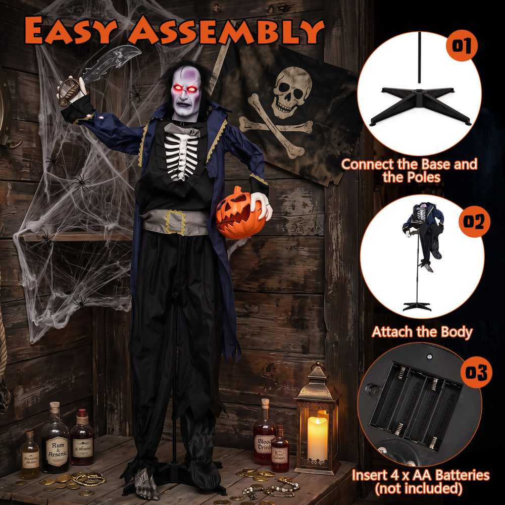 Animated 6 ft Halloween vampire pirate decoration features a bone-chilling design with flashing red eyes and pop-up head.