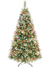6 ft artificial frosted Christmas tree shown fully lit with snowy PVC branches, 55 pine cones, red berries, and warm white LEDs.