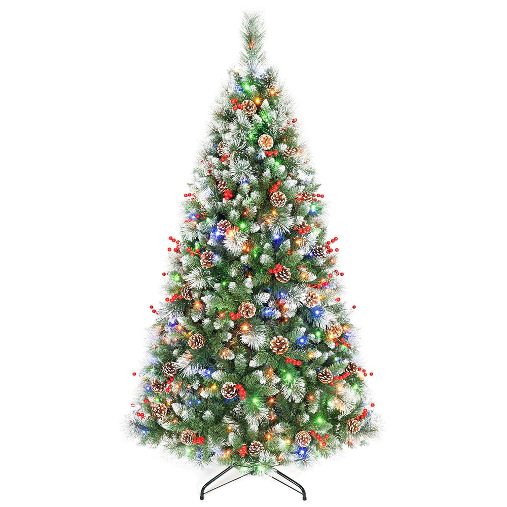 6 ft artificial frosted Christmas tree with colorful pre-lit LED lights, red berries, and 55 pine cones.