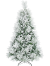 Flocked pine Christmas tree with white snowy branches and folding metal stand, shown fully assembled with pre-lit LED lights.