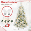 6 ft flocked pine Christmas tree with warm white pre-lit LEDs, folding metal stand, and included gloves.