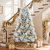 6 ft flocked pine Christmas tree with warm white lights, gold ornaments, and folding metal stand in a festive room.