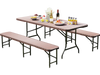 6 ft brown plastic folding bench with rattan-like texture, supports 1320 lbs, ideal for outdoor picnics and camping.