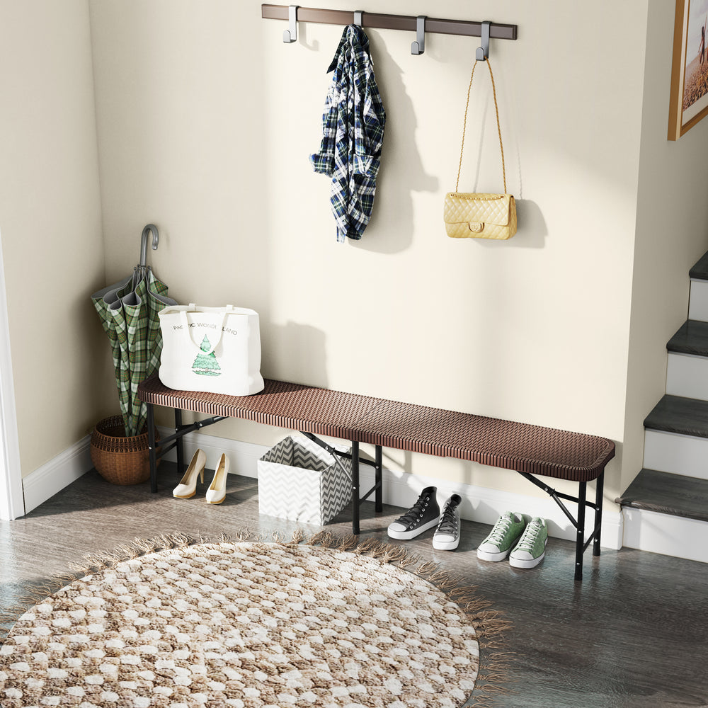 6 ft plastic folding bench with rattan-like texture, brown finish, and 1320 lbs capacity, ideal for outdoor events.