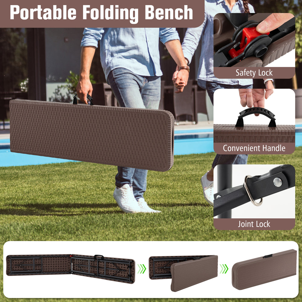 6 ft brown plastic folding bench with rattan-like texture, 1320 lbs capacity, and convenient carrying handle for.