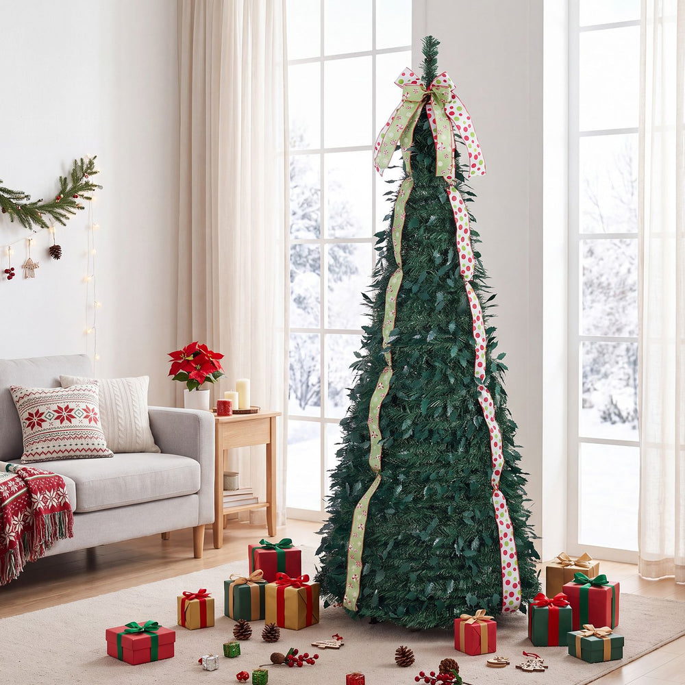6 ft pop-up Christmas tree with PVC holly leaves, adorned with festive satin ribbons and a top bow, perfect for holiday decor.