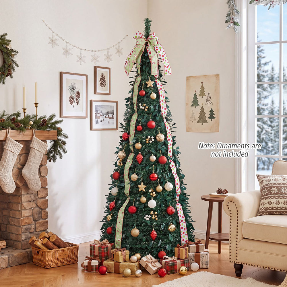 6 ft pop-up Christmas tree with PVC holly leaves, featuring festive ribbons and a top bow, perfect for holiday decor.