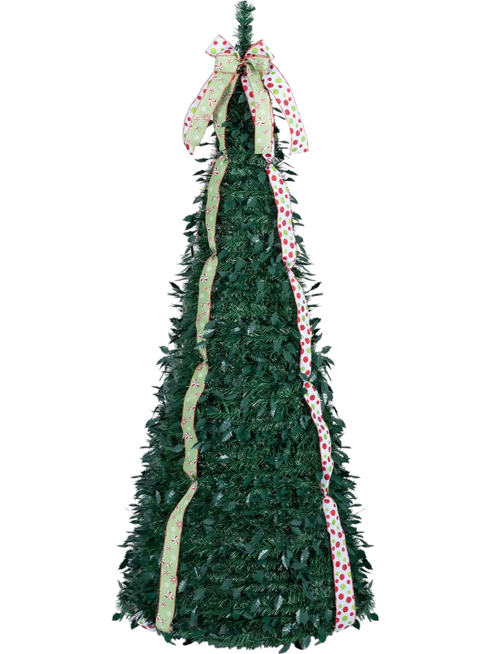 6 ft pop-up Christmas tree featuring PVC holly leaves, festive satin ribbons, and a top bow for holiday decoration.