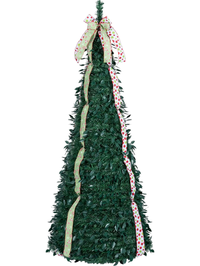 Costway 6/7' Pop Up Christmas Tree w/ PVC Holly Leaves Satin Ribbons Bow 30166120 New