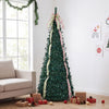 6 ft pop-up Christmas tree with PVC holly leaves, adorned with 4 festive satin ribbons and a top bow for holiday cheer.