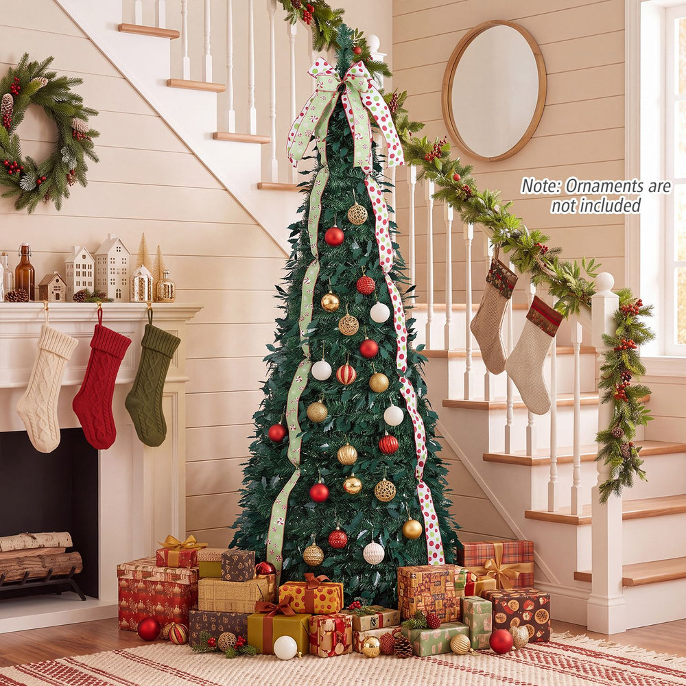 6 ft pop-up Christmas tree with PVC holly leaves, festive ribbons, and top bow, perfect for holiday decorating.