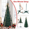 6 ft pop-up Christmas tree with PVC holly leaves, festive ribbons, and a top bow, perfect for quick holiday decorating.