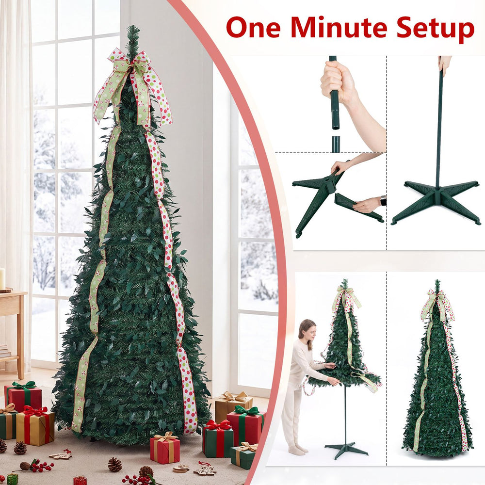 6 ft pop-up Christmas tree with PVC holly leaves, festive ribbons, and a top bow, perfect for quick holiday decorating.