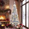 Flocked 6 ft Christmas tree adorned with 30 bows and 35 balls, pre-lit with warm white LED lights for festive decor.
