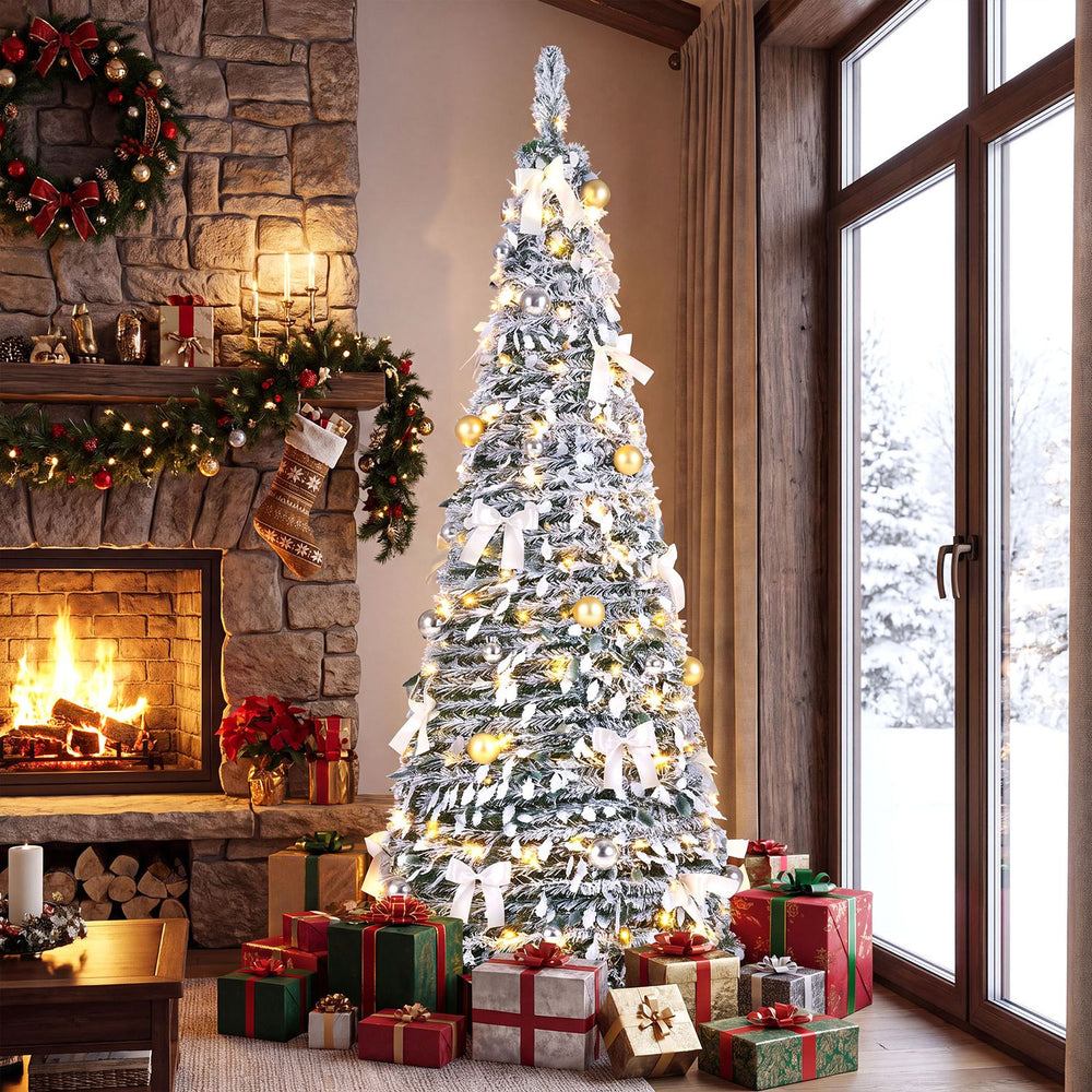 6 ft Pop Up Flocked Christmas Tree with 20/30 Christmas Bows and 35 Christmas Balls - Gallery View 1 of 10