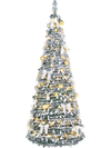 Flocked 6 ft Christmas tree with 35 balls, 20 bows, and 150 warm white LED lights for festive holiday decor.