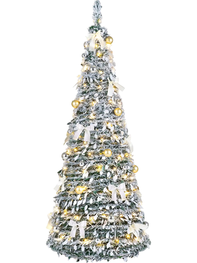 Costway 6/7' Pop Up Flocked Christmas Tree w/ 20/30 Bows & 35/50 Balls 97286817 New