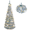 Flocked 6 ft Christmas tree with 35 golden and silver balls, 20 bows, and 150 pre-lit LED lights for festive decor.