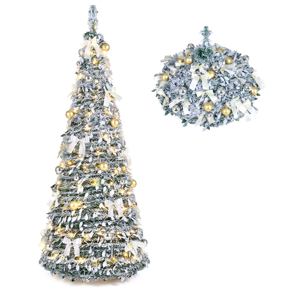 Flocked 6 ft Christmas tree with 35 golden and silver balls, 20 bows, and 150 pre-lit LED lights for festive decor.