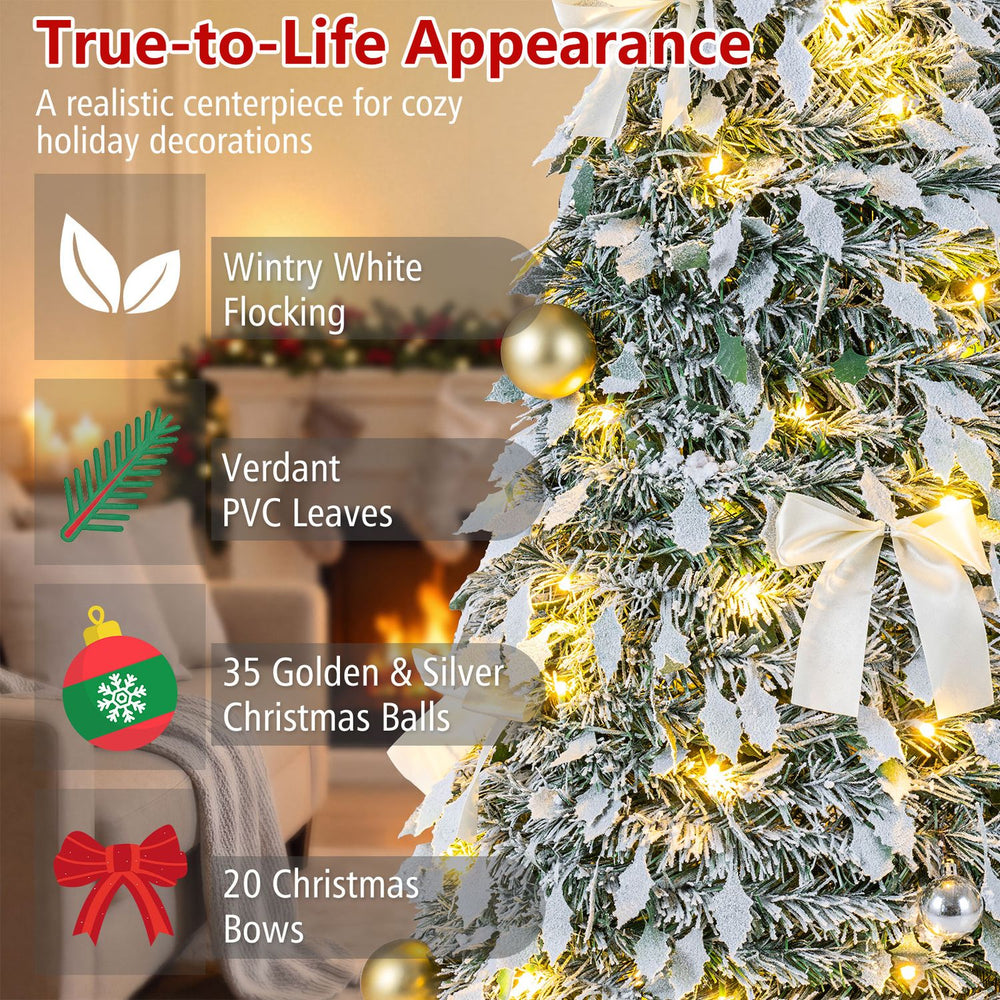 6 ft pop-up flocked Christmas tree featuring wintry white flocking, 35 golden and silver balls, and 20 bows for festive decor.