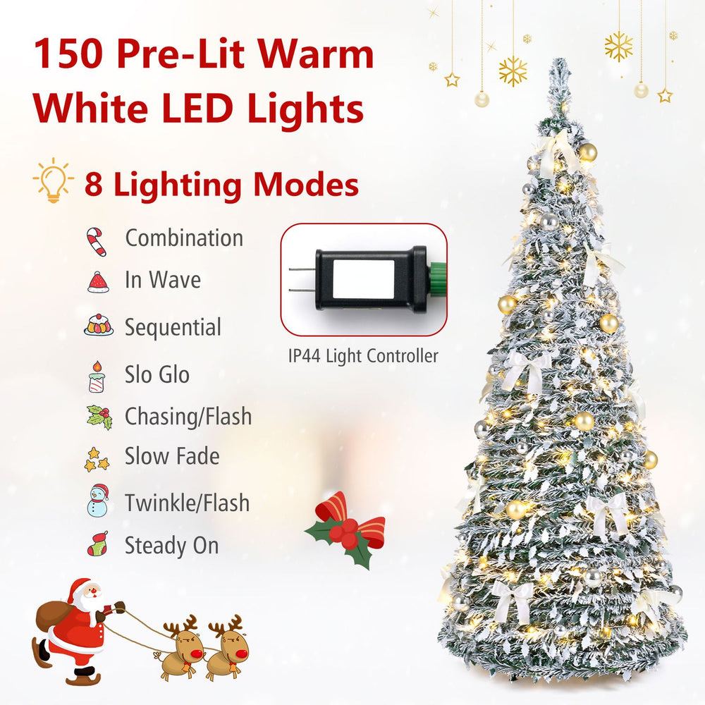 6 ft pop-up flocked Christmas tree with 150 pre-lit warm white LED lights and 20 Christmas bows for festive decoration.